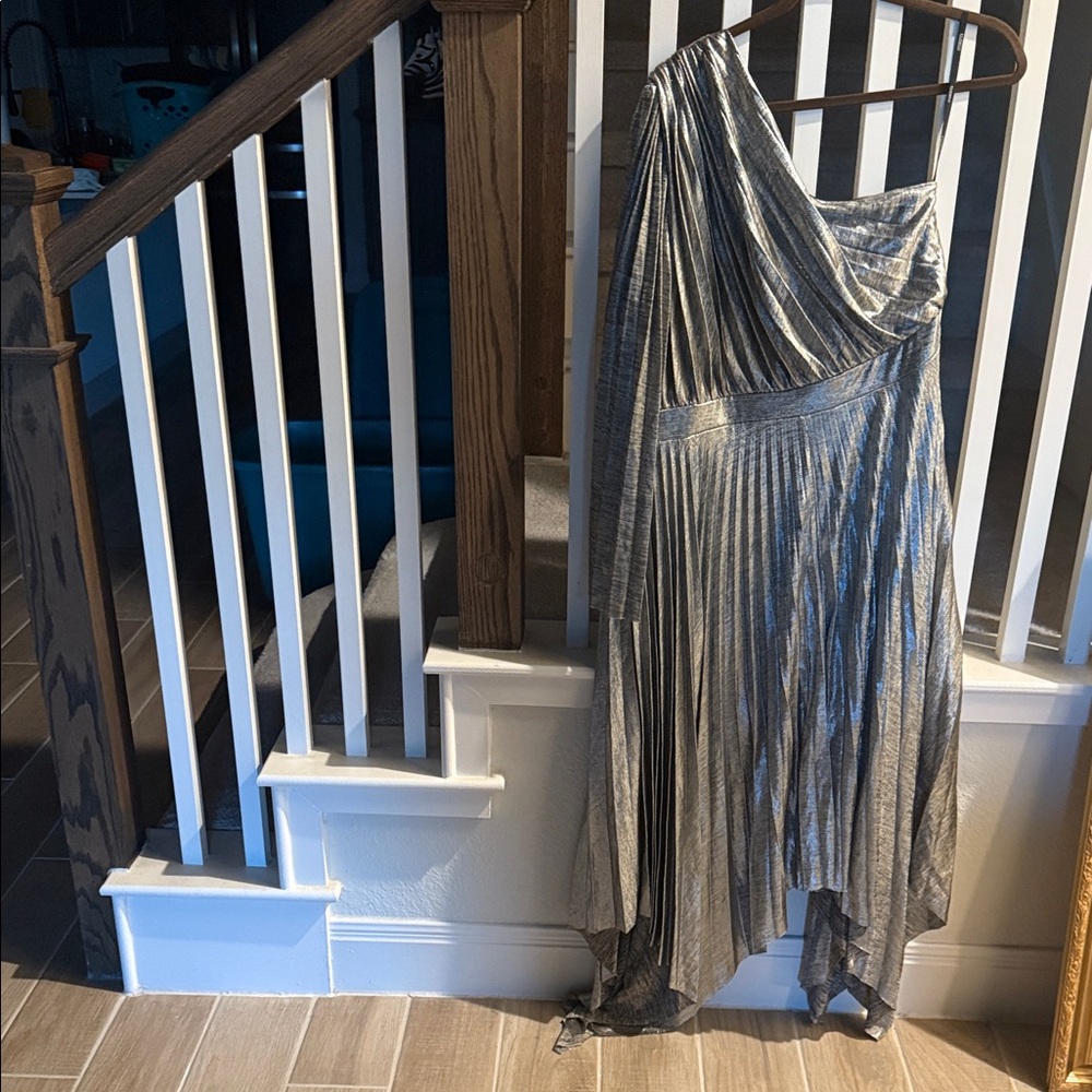 Eloquii silver and black one shoulder pleated dress